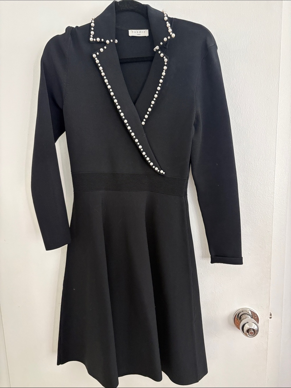 Sandro Black Pearl-Trim Long Sleeve Fit & Flare Dress